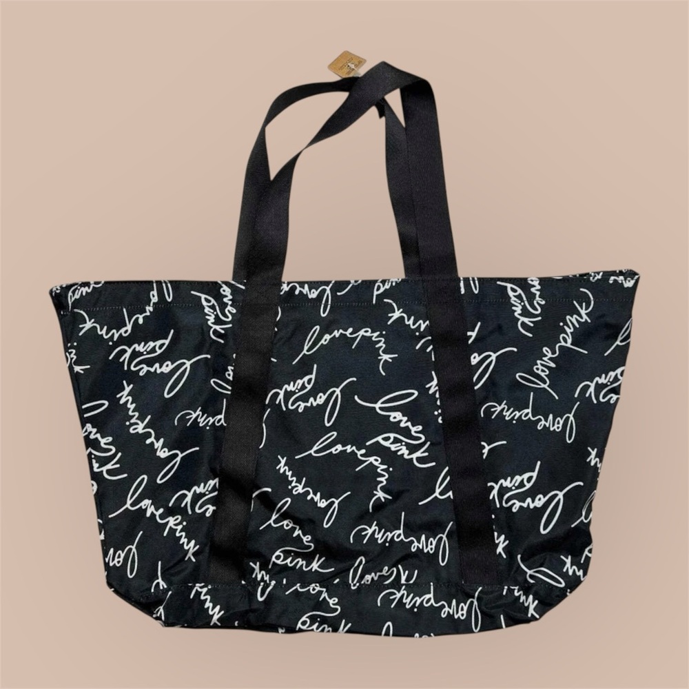 Victoria's Secret PINK Black/White Script Logo Tote-Weekender Bag - Picture 2 of 5